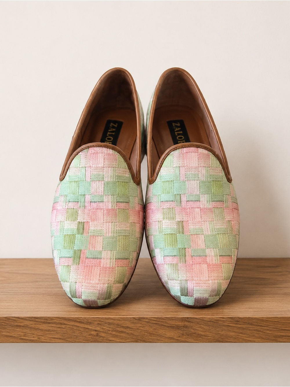 Zalo gingham silky Woven Green and Pink Loafers 8.5